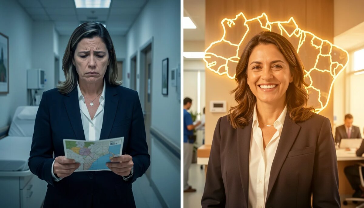 Plano de Saúde: Abrangência Regional, Estadual ou Nacional? Descubra a Melhor Opção Mulher comparando planos de saúde regional e nacional em imagem dividida.