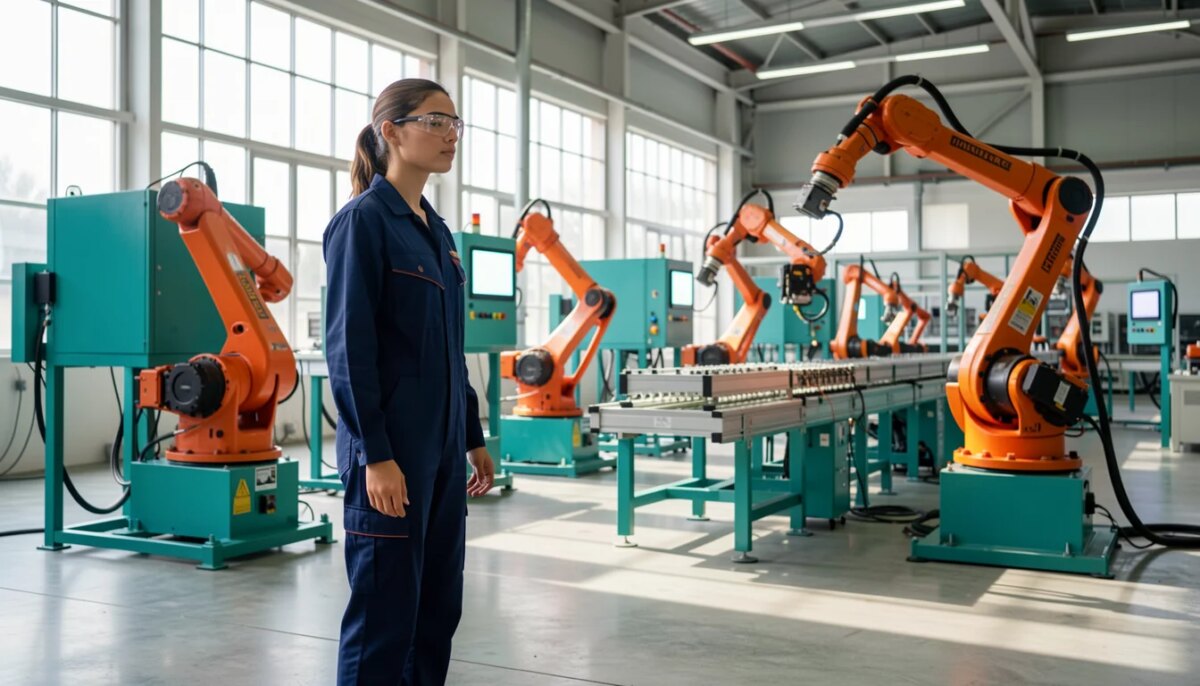 Empresa de Automação Industrial: Como Usar Dados para Ganhar Eficiência e Escala Engenheira em fábrica automatizada analisando linha de montagem robótica com dados em tempo real