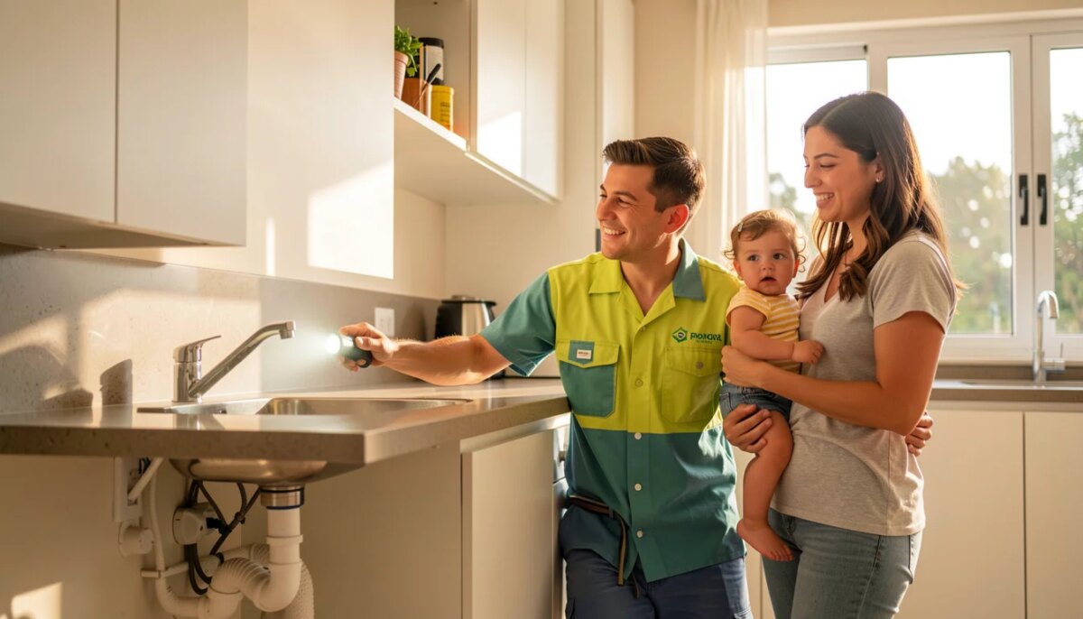 Técnico de dedetização inspecionando cozinha com família ao lado em Lagoa Vermelha
